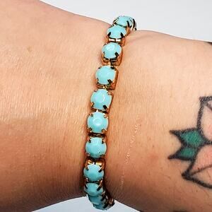 Aqua Cabochons Stretch Bracelet Gold Tone 6" Small